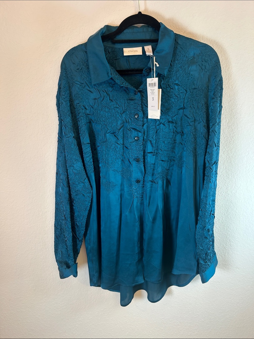NWT Chico's Teal Long-Sleeve Button Shirt tunic Crinkle Crush Roxanne (3 )XL